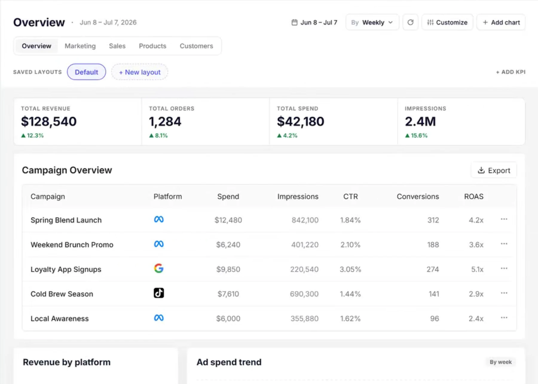 A client's analytics dashboard in Insytical — revenue, orders, spend and campaign performance in one view